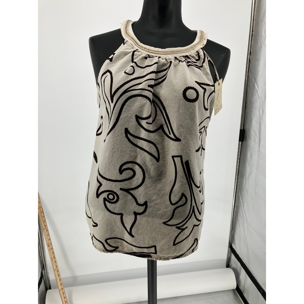 By Design Women Med. Nashville Top Beige Black Embroidered Blouse NWT Gold Trim